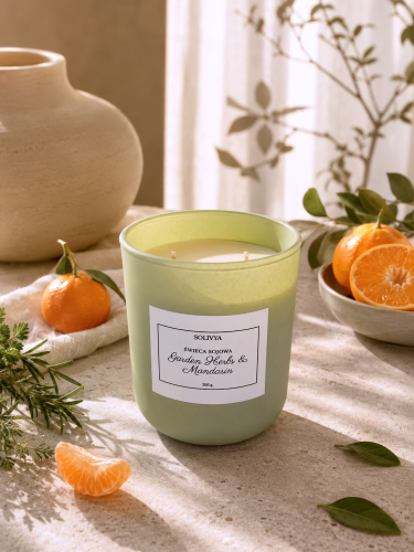 Świeca sojowa cytrusowo-ziołowa Garden Herbs &amp; Mandarin 200 g w pastelowym zielonym szkle – Solivya