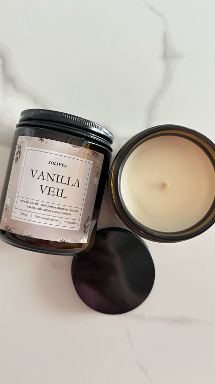 Vanilla Veil ręcznie robiona świeca zapachowa sojowa 200 g – detal wosku i knota