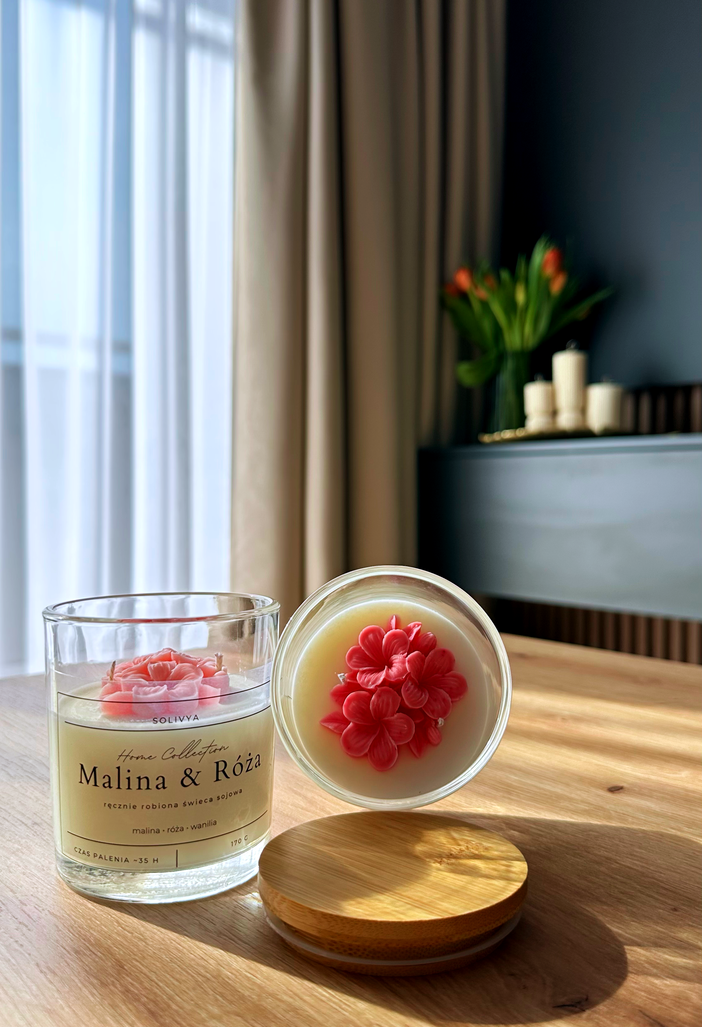 Świeca sojowa zapachowa Malina Róża - duża 170 g – kwiatowa świeca w szkle | Solivya Art Essence